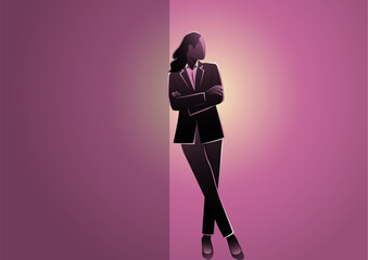 Businesswoman Leaning At Dark Wall With Arm Crossed