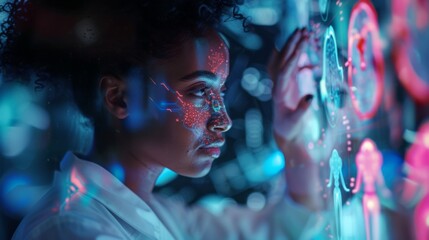 Woman Interacting with Holographic Display