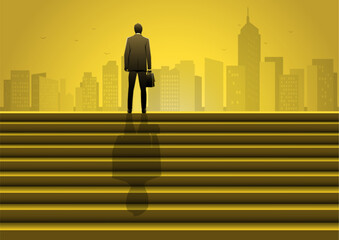 A businessman on top of stairs looking into the distance. Success and future concept.