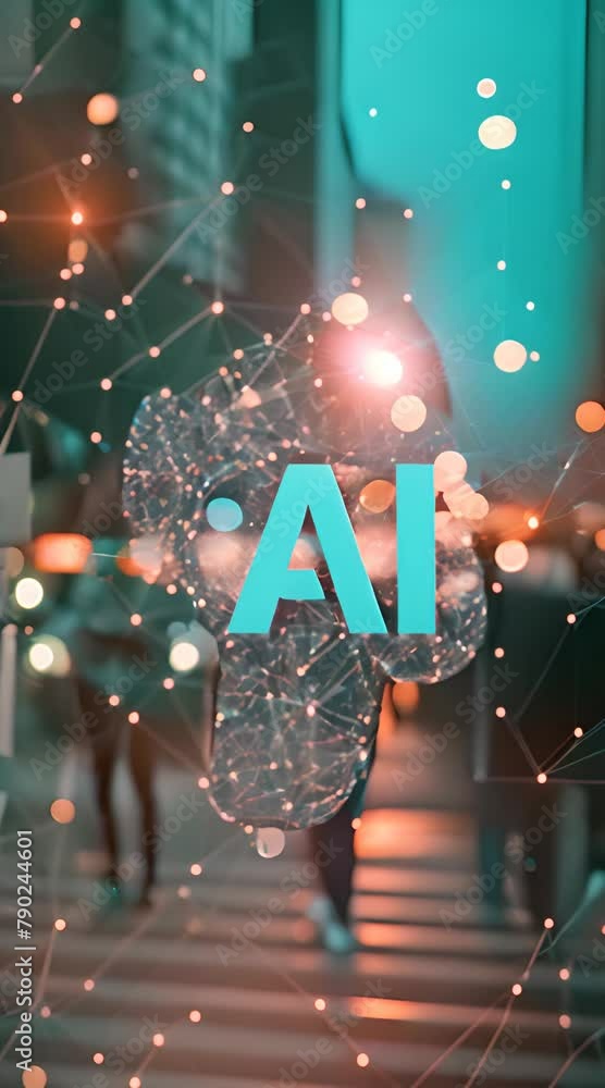 Poster Artificial Intelligence (AI) digital network concept with neural brain overlay on urban background. Futuristic technology theme for design and web.