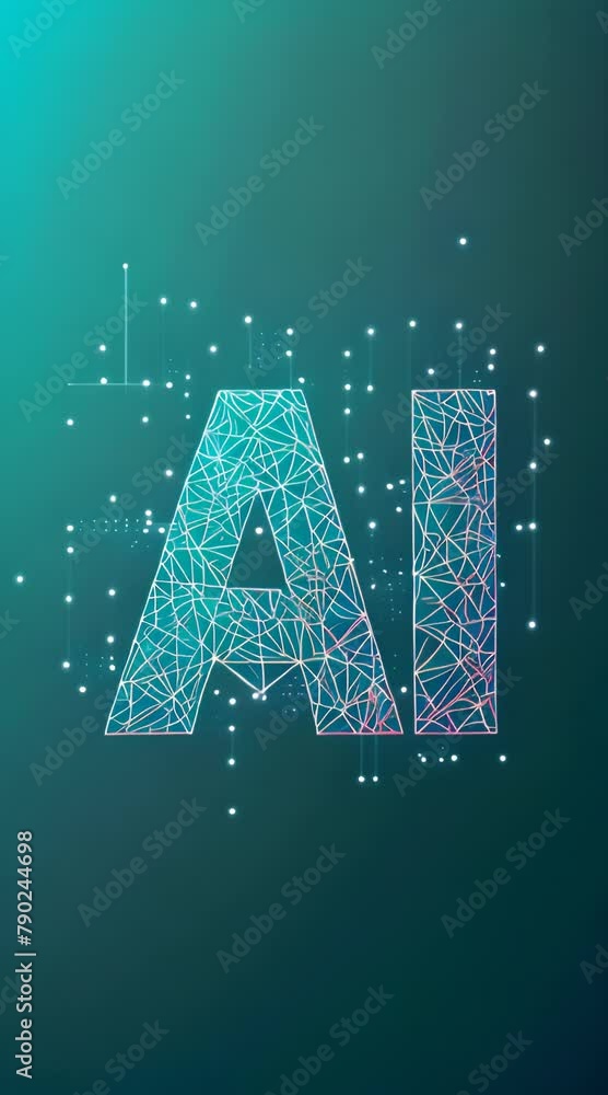 Poster Stylized digital letters 'AI' in a geometric wireframe design on a dark blue gradient background. Concept of artificial intelligence and modern technology.