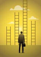 Businessman thinking to choose the right ladder. Climb up ladder of success concept