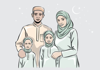 Asian muslim family in traditional Arab dress vector illustration