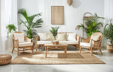 Ecofriendly living room with green plants, wooden furniture and jute rug on the white floor