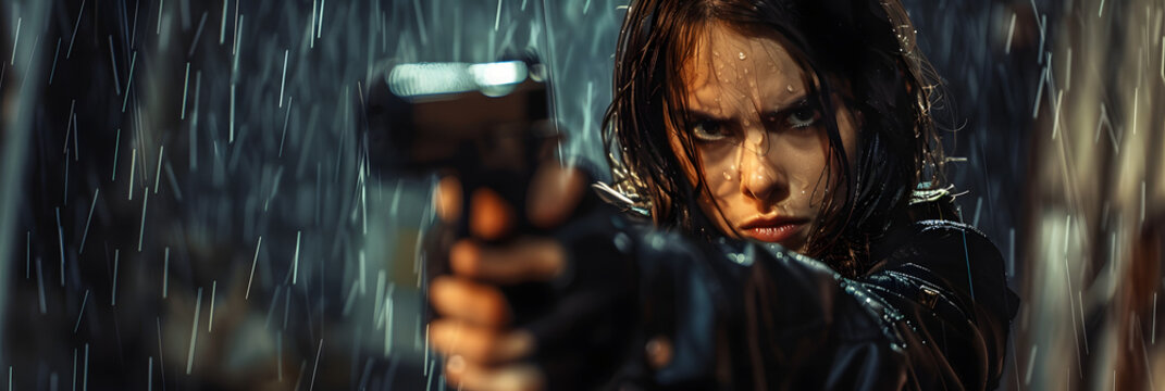 Young woman in black jacket points gun in rain, police officer or killer holding weapon at night. Female detective with pistol on dark street. Concept of spy, 