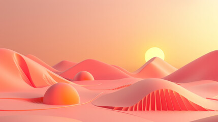 Fototapeta na wymiar Surreal abstract desert landscape with undulating pink sand dunes under a soft sunset glow, evoking a peaceful solitude.