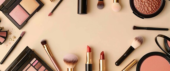 Makeup accessories on a beige background, flat lay banner with space for text.