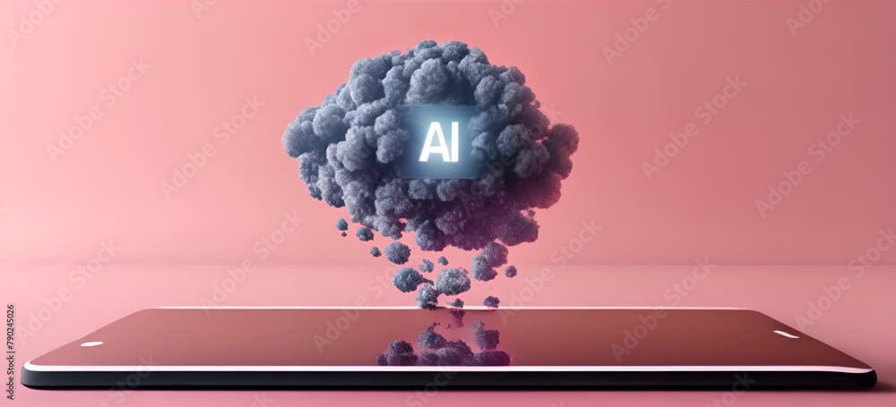 Poster ai technology concept with 3d rendered cloud of blue particles emerging from a smartphone on a pink 