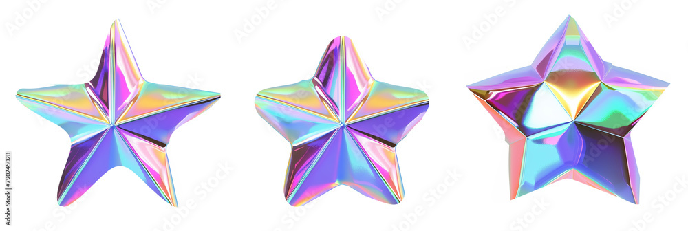 Poster set of different holographic star shapes, each shimmering with unique color gradients, isolated on t
