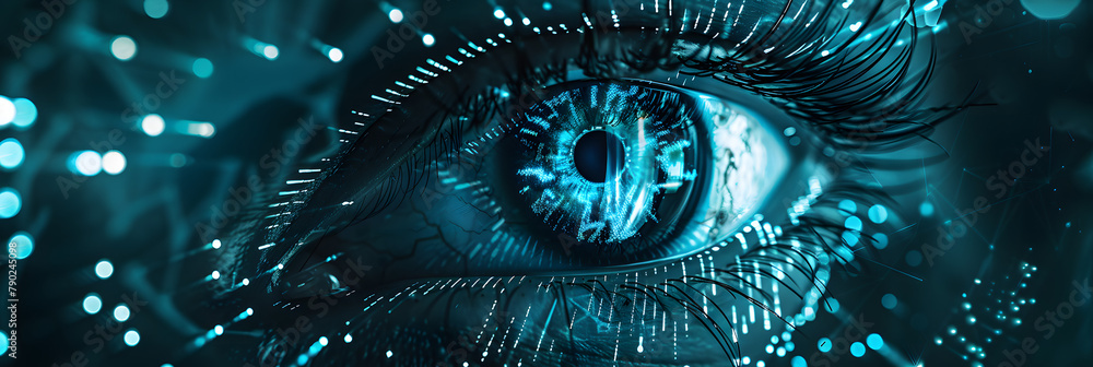Poster hacker or ai robot eye in dark tech space, cyborg vision on digital background. concept of cyber sec