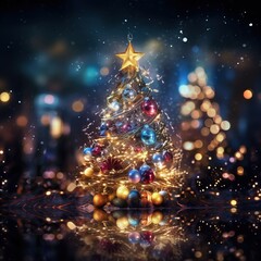 At its heart is a beautifully blurred image of a Christmas tree adorned with twinkling lights and ornaments. Ai Generated
