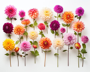 Bright collection of various dahlias displayed elegantly on a white backdrop, suitable for gardening blogs and botanical studies