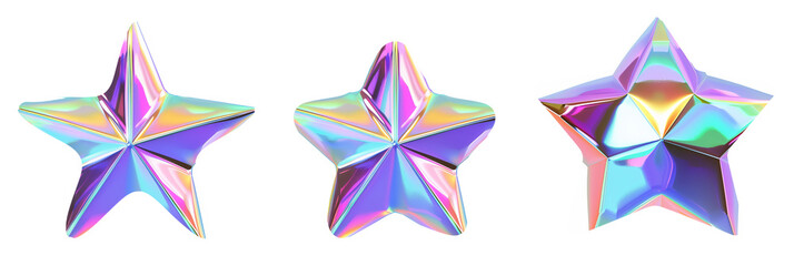 set of different holographic star shapes, each shimmering with unique color gradients, isolated on transparent background