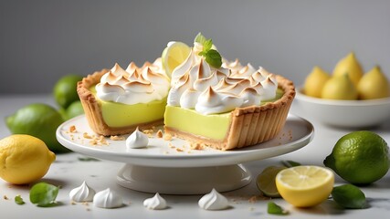 Obraz na płótnie Canvas A photorealistic image showcasing a delicious key lime pie and lemon meringue tart placed on a pristine white surface. The composition captures the details of the desserts, highlighting their texture