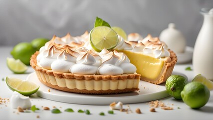  A photorealistic image showcasing a delicious key lime pie and lemon meringue tart placed on a pristine white surface. The composition captures the details of the desserts, highlighting their texture
