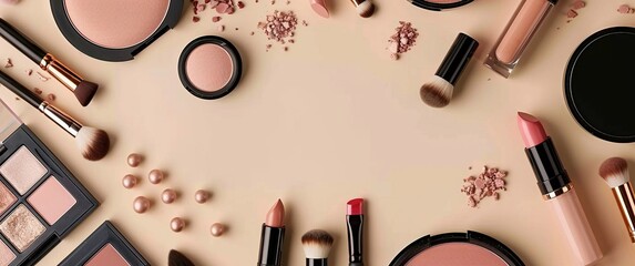 Makeup accessories on a beige background, flat lay banner with space for text.