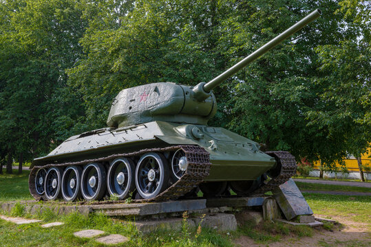 GDOV, RUSSIA - JULY 19, 2020: T-34-85 - tank monument close-up July day