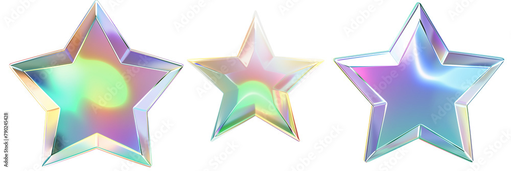 Poster set of different holographic star shapes, each shimmering with unique color gradients, isolated on t