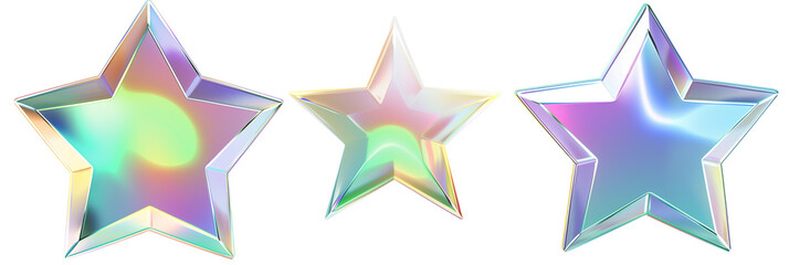 set of different holographic star shapes, each shimmering with unique color gradients, isolated on transparent background