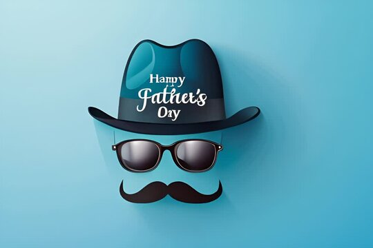 Fedora hat, sunglasses, and mustache with 'Happy Father's Day' greeting. Flat lay composition for Father's Day celebration concept with copy space.