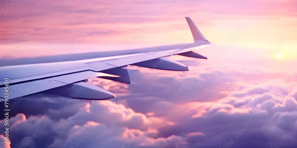 Poster airplane wing over cloudscape at sunset. aerial view of twilight sky for travel and transportation c