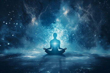 A person meditating in the center of an abstract background with glowing stars and galaxies