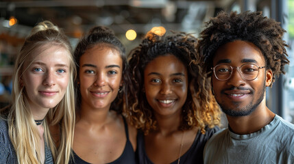 Fototapeta premium Portrait of smiling friends looking at the camera and smiling. Diverse friends standing together at startup. Group of young friends boys and girls.