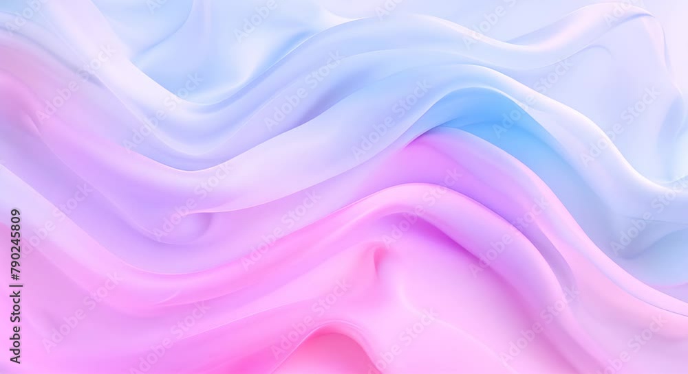 Poster Soft blue and pink satin fabric waves. Abstract background for design and print. Macro shot with place for text.
