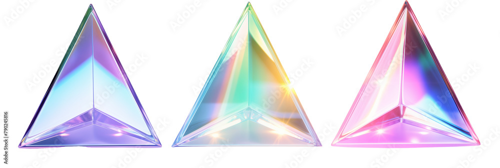 Poster set of different triangular holographic prisms, each emitting a unique spectral light, isolated on t