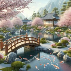 A tranquil Zen garden with cherry blossom trees, a small bridge, and koi fish swimming in a pond
