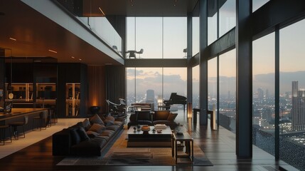 A modern penthouse perched atop a skyscraper, with floor-to-ceiling windows that frame breathtaking city views and sleek contemporary interiors that exude sophistication and style,