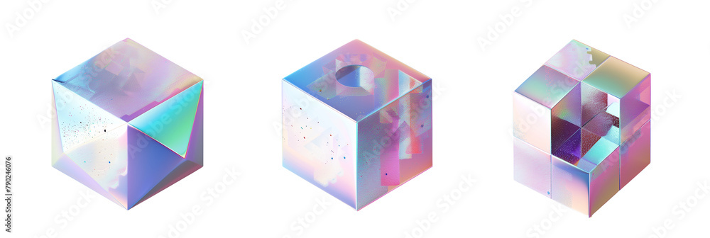 Poster set of different 3d cubes with a holographic finish, showcasing complex patterns and gradients, isol