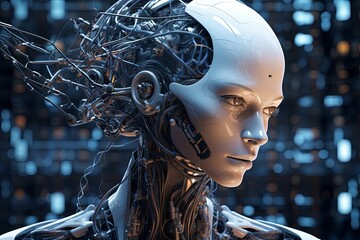 Futuristic android head, sleek, exposed wires, integrated nodes—a marvel blending human and tech in perfect convergence.