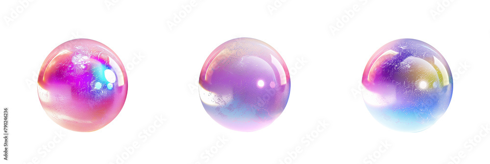 Poster set of different holographic spheres in vivid colors, demonstrating various levels of opacity and li