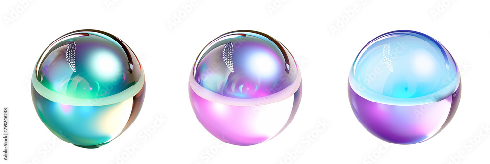 Poster set of different holographic spheres in vivid colors, demonstrating various levels of opacity and li