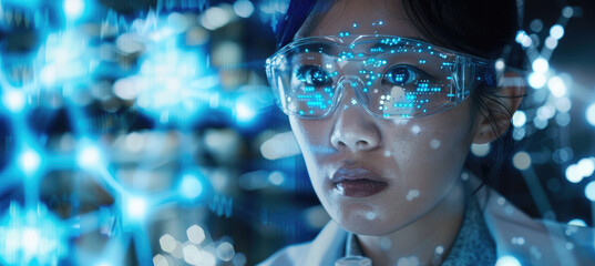 Female scientist working in laboratory with holographic blue background, wearing safety glasses and white lab coat