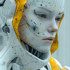 Grey-Yellow Robot against Minimal Tech Background