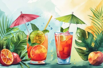 Colorful cocktails with umbrellas, set in a watercolor tropical paradise, invite a taste of summer..