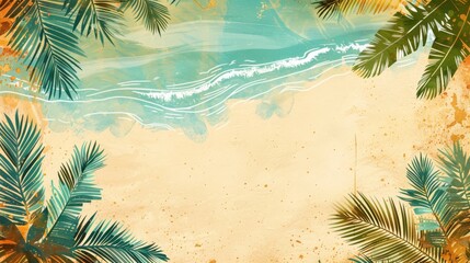 Fototapeta na wymiar Watercolor painting captures a serene beach scene, bordered by lush palm fronds and gentle waves..
