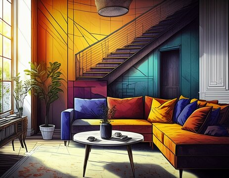 Architecture design drawing, vibrant colors, home drawing room design