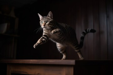 A striped cat is jumping on the table in a dark room with a low angle shot.