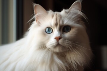 A white ragdoll cat with blue eyes, soft fur and fine hair is looking at the camera. 