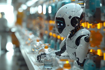 Fototapeta premium Robot at Work in Advanced Tech Lab - Digital Abstract Background Business Technology Scene