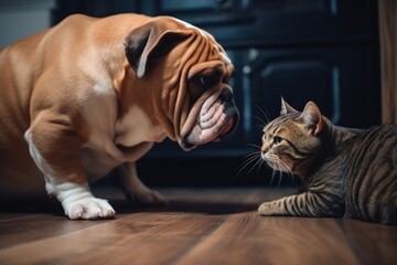 A bulldog is looking at an American shorthaired cat on the floor, closeup shot.