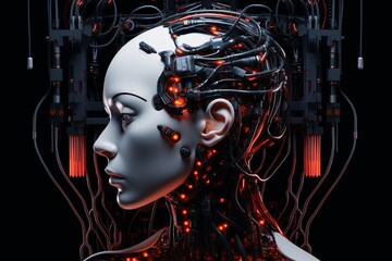Futuristic android head, sleek, exposed wires, integrated nodes—a marvel blending human and tech in perfect convergence.