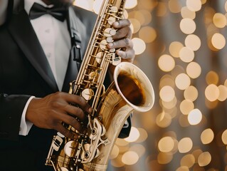Fototapeta premium A saxophonist passionately playing jazz music on their saxophone, showcasing the artistry of the alto sax