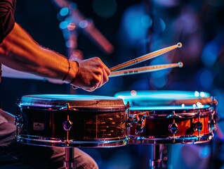 Close-up of a man skillfully playing a percussion instrument with sticks, against a striking black background. The stage is illuminated with beautiful lighting, enhancing the musical atmosphere