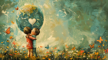 Vintage Earth Day. two children hug each other in front of a giant heart-shaped Earth. Playful butterflies & birds add to the nostalgic love for our planet. - obrazy, fototapety, plakaty