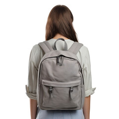 Black hair university student girl carrying a grey backpack behind view on an isolated background