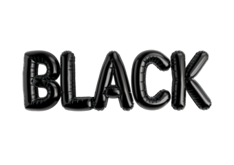 Photo with inflatable black letters "BLACK". Minimalistic balloon lettering isolated on a transparent background